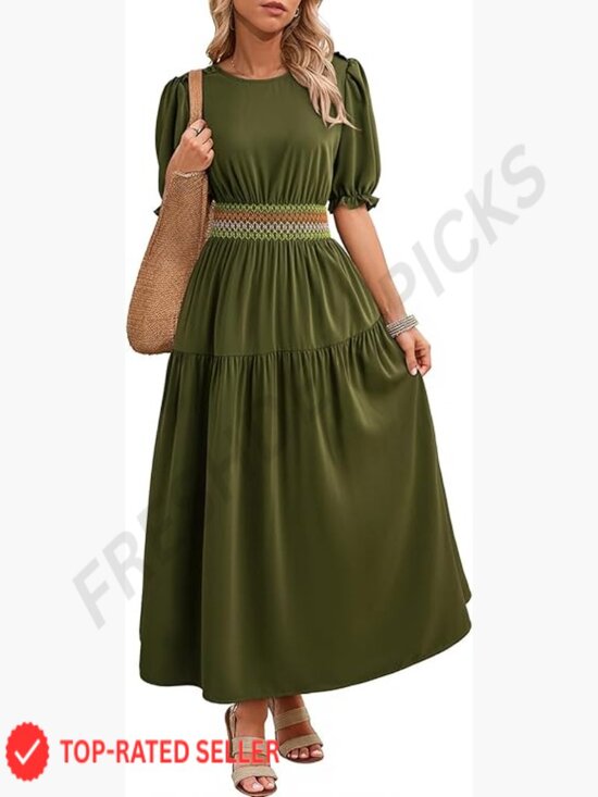 Dresses & Skirts - Women's Short Sleeve Smocked Maxi Dress Casual Elastic Waist Boho Tiered Ruffle